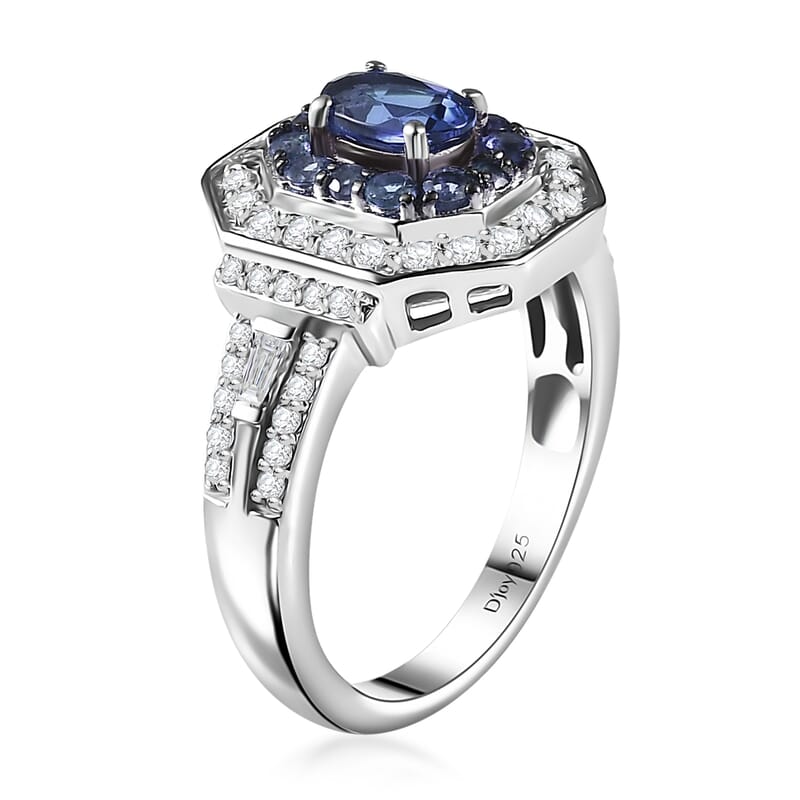 D'Joy Ceylon Blue Sapphire and Moissanite 1.50 ctw Art Deco Ring in Rhodium Over Sterling Silver (Size 6.0)