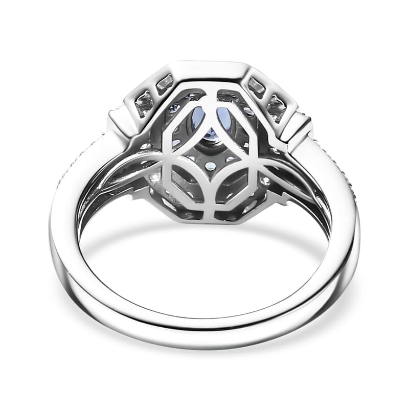 D'Joy Ceylon Blue Sapphire and Moissanite 1.50 ctw Art Deco Ring in Rhodium Over Sterling Silver (Size 6.0)