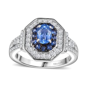 Ceylon Blue Sapphire and Moissanite 1.70 ctw Art Deco Ring in Rhodium Over Sterling Silver (Size 7.0)