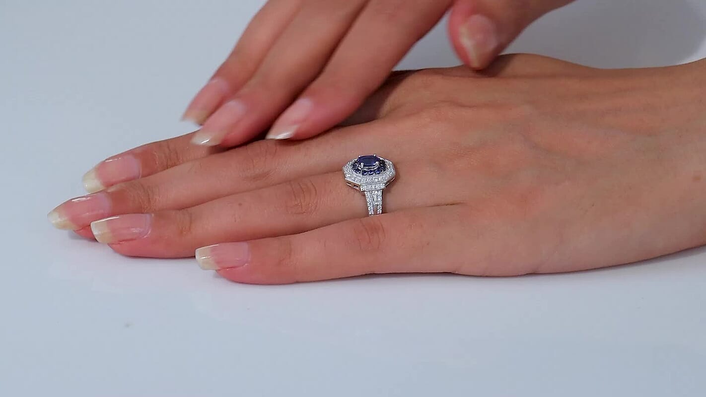 Ouro Fino Rubellite and Moissanite 1.50 ctw Double Halo Ring in Rhodium Over Sterling Silver (Size 6.0)