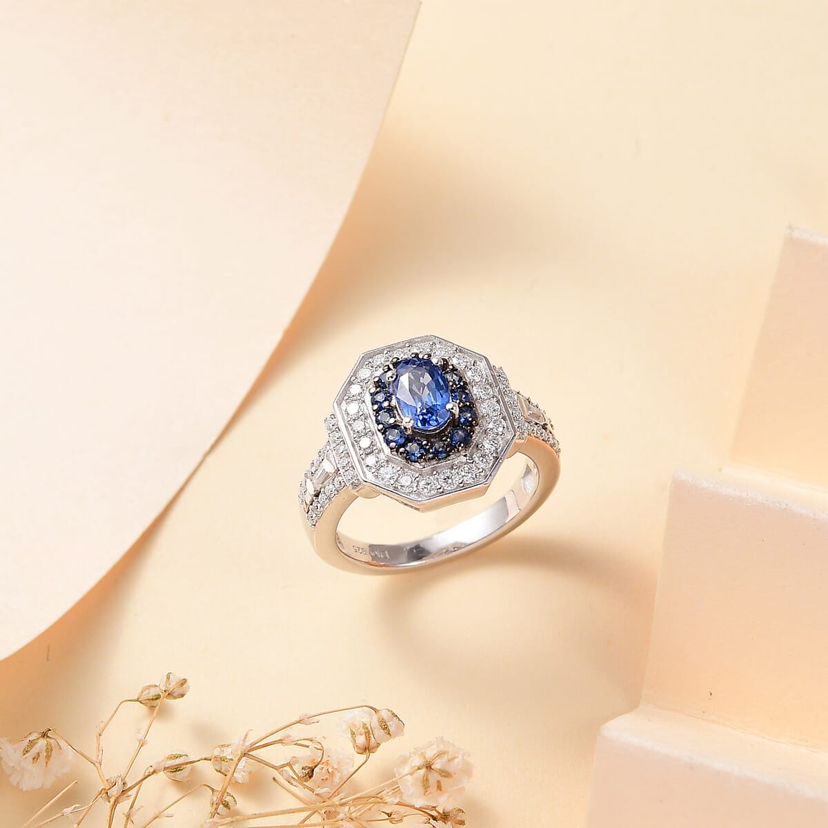 Ceylon Blue Sapphire and Moissanite 1.70 ctw Art Deco Ring in Rhodium Over Sterling Silver (Size 7.0) image number 1