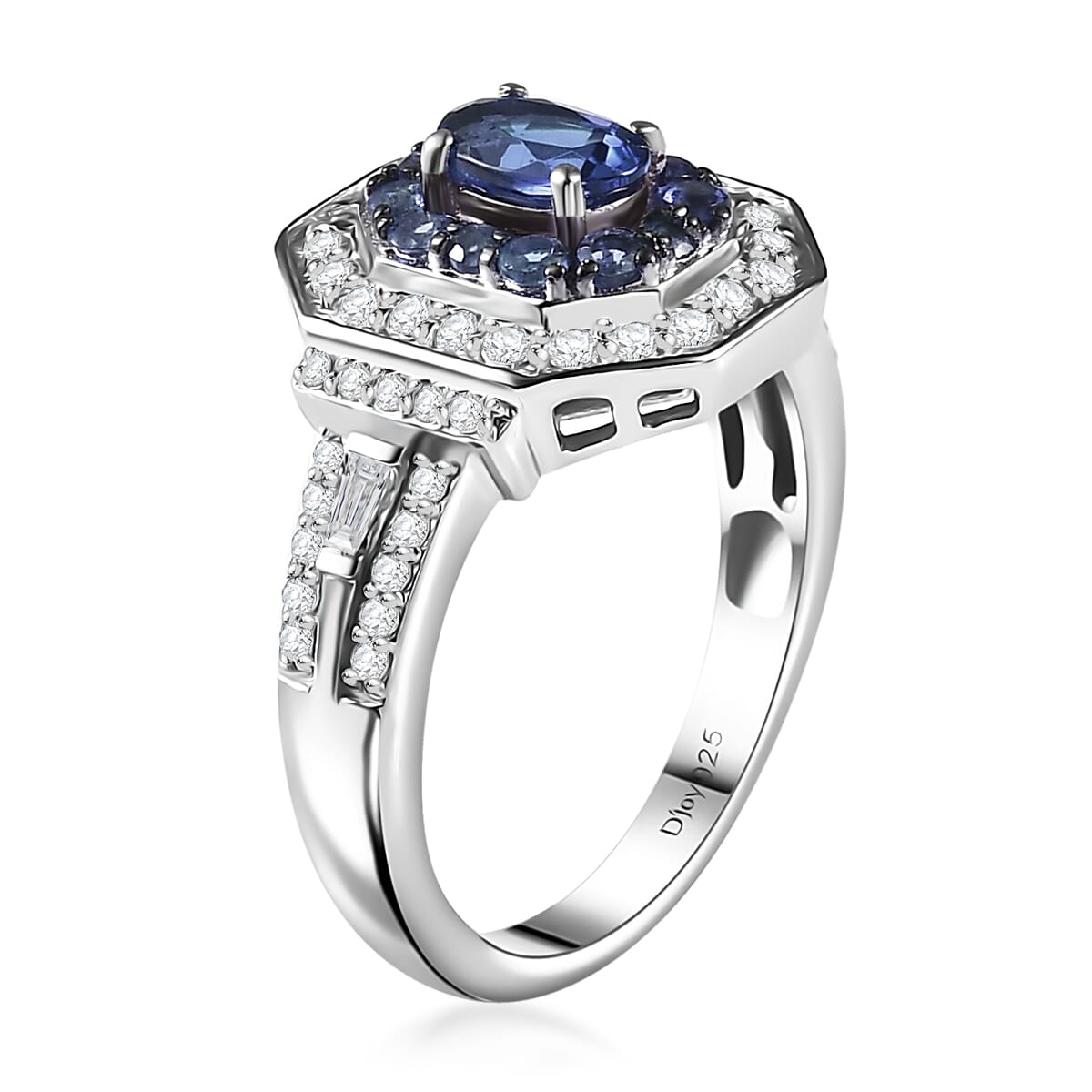 Ceylon Blue Sapphire and Moissanite 1.70 ctw Art Deco Ring in Rhodium Over Sterling Silver (Size 7.0) image number 3