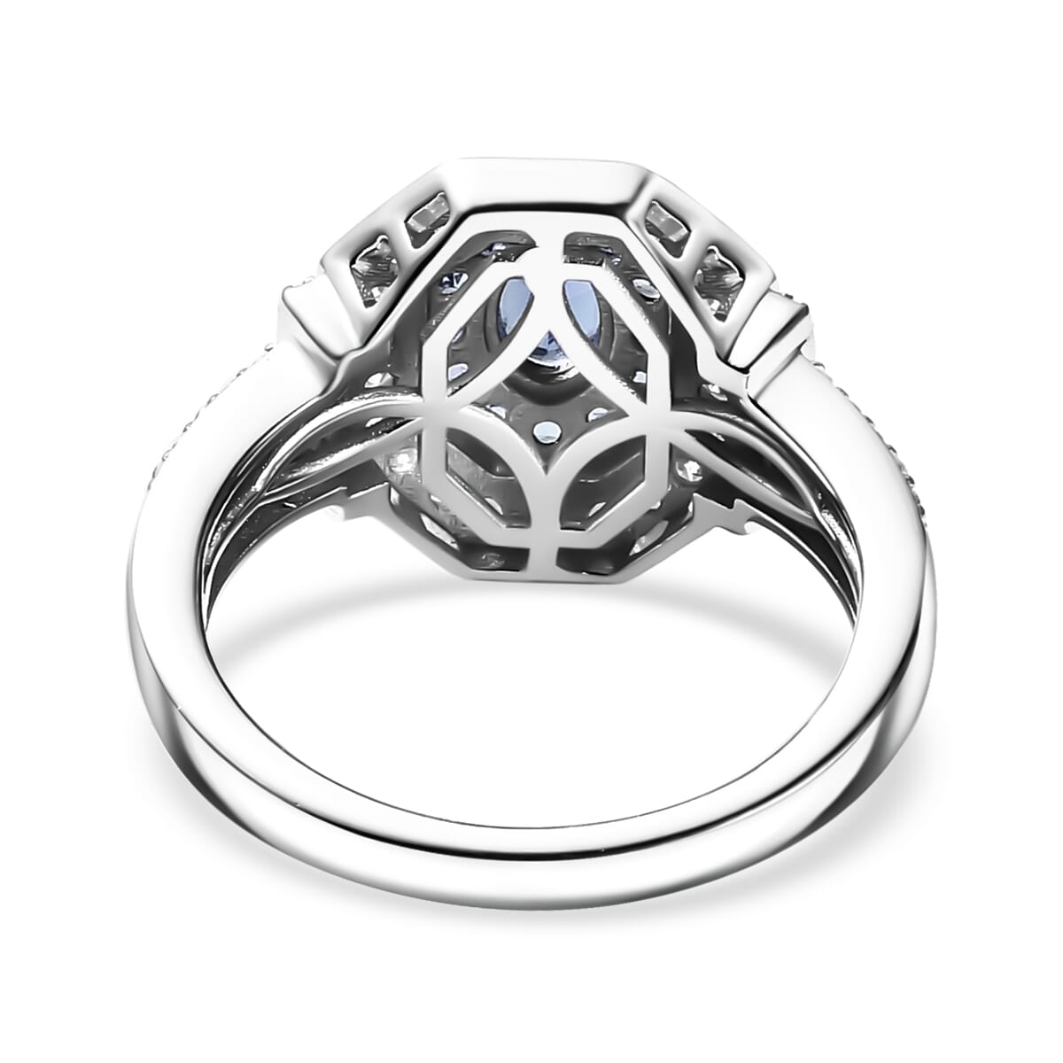 Ceylon Blue Sapphire and Moissanite 1.70 ctw Art Deco Ring in Rhodium Over Sterling Silver (Size 7.0) image number 4