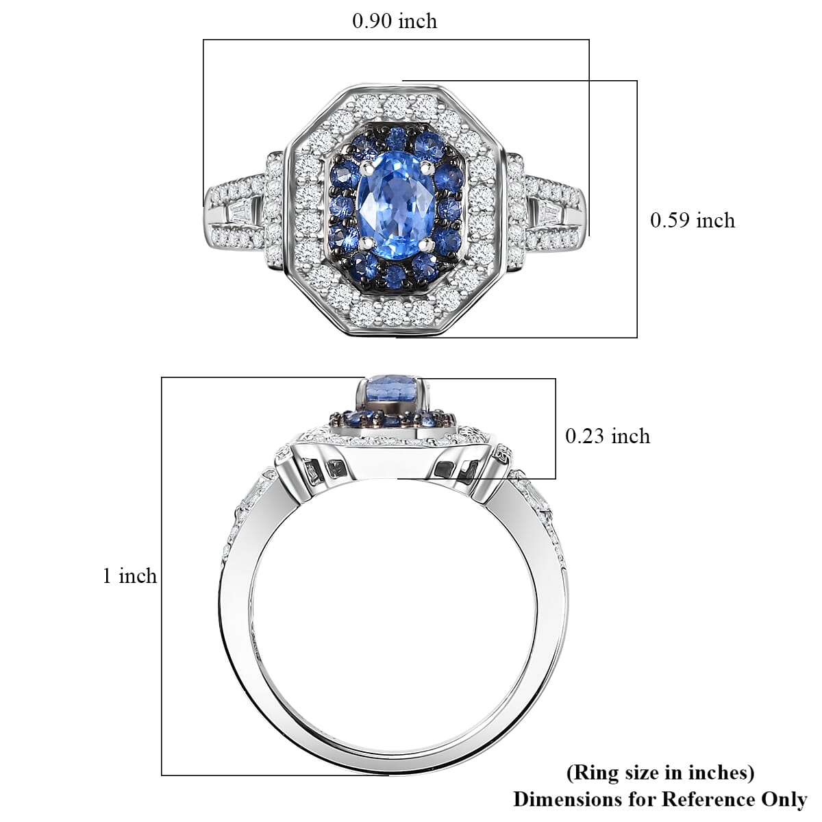Ceylon Blue Sapphire and Moissanite 1.70 ctw Art Deco Ring in Rhodium Over Sterling Silver (Size 7.0) image number 5