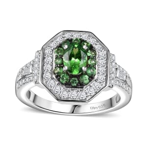 Tsavorite Garnet and Moissanite 1.60 ctw Art Deco Ring in Rhodium Over Sterling Silver (Size 9.0)