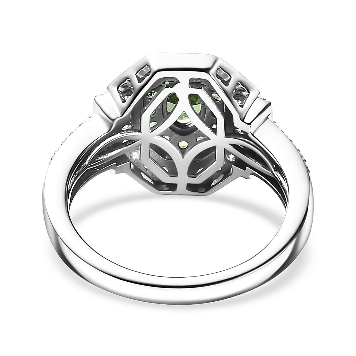 Tsavorite Garnet and Moissanite 1.60 ctw Art Deco Ring in Rhodium Over Sterling Silver (Size 9.0) image number 4