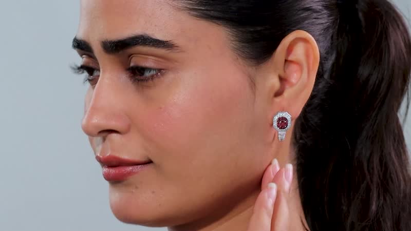 Ouro Fino Rubellite and 2.00 ctw Moissanite Art Deco J-Hoop Earrings in Rhodium Over Sterling Silver