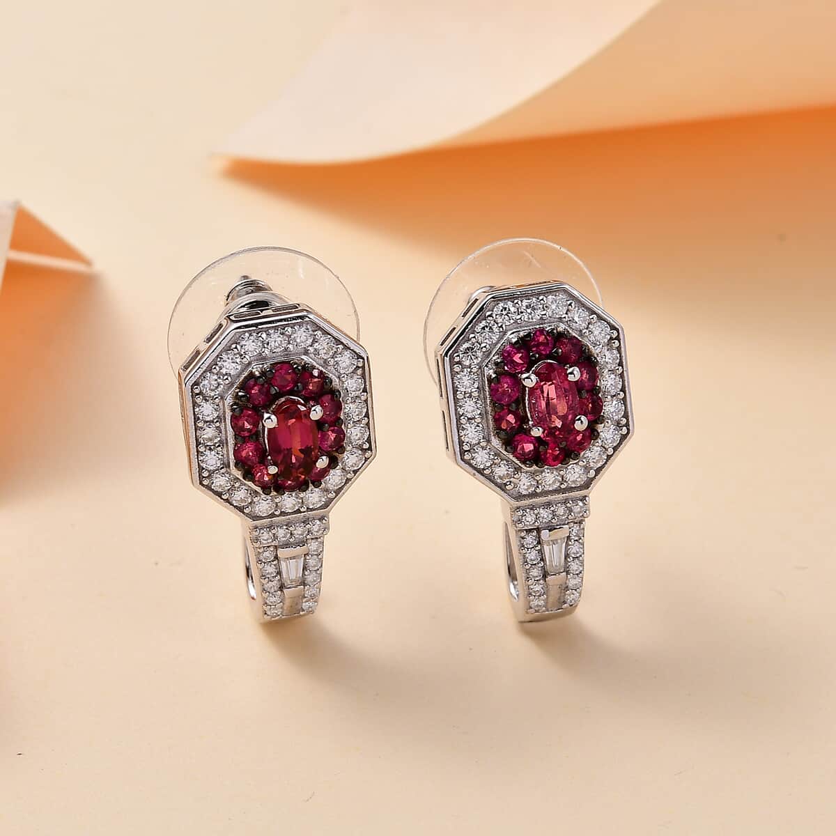 Ouro Fino Rubellite and 2.00 ctw Moissanite Art Deco J-Hoop Earrings in Rhodium Over Sterling Silver image number 1