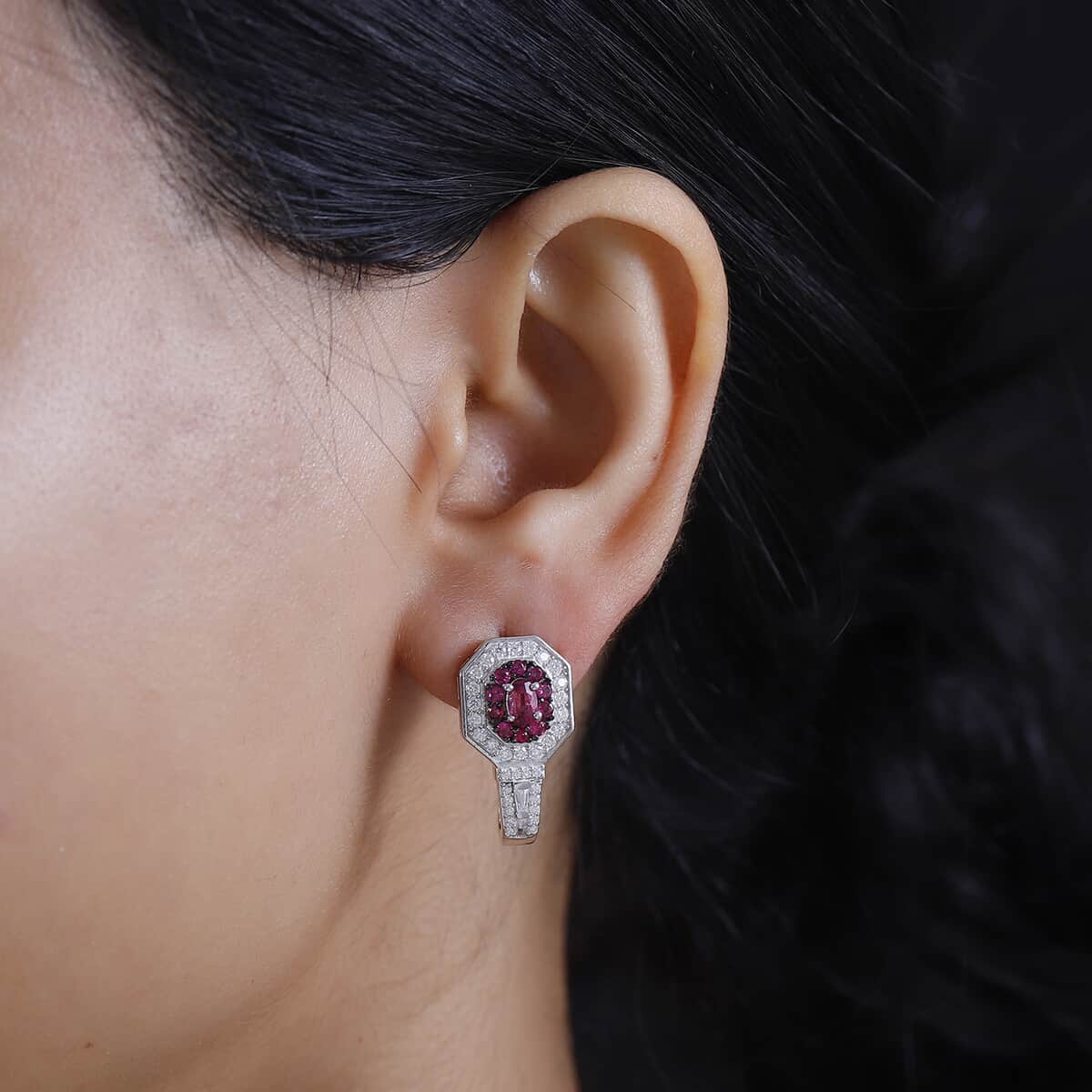 Ouro Fino Rubellite and 2.00 ctw Moissanite Art Deco J-Hoop Earrings in Rhodium Over Sterling Silver image number 2