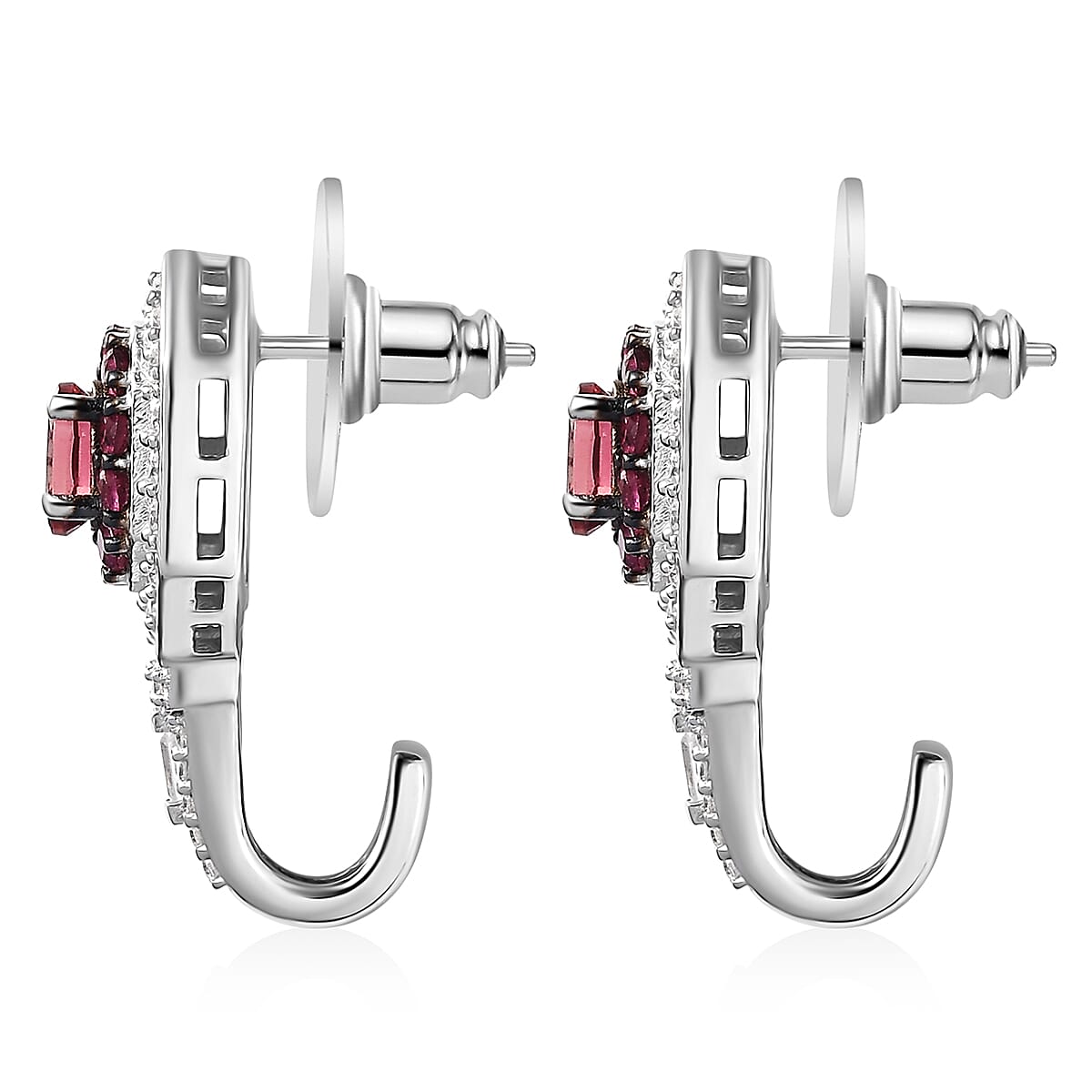 Ouro Fino Rubellite and 2.00 ctw Moissanite Art Deco J-Hoop Earrings in Rhodium Over Sterling Silver