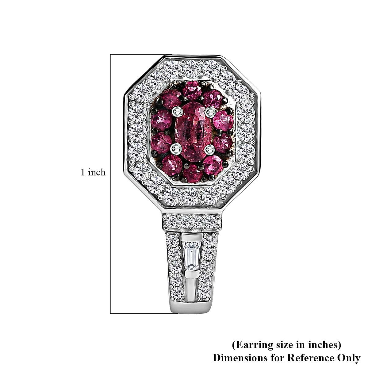 Ouro Fino Rubellite and 2.00 ctw Moissanite Art Deco J-Hoop Earrings in Rhodium Over Sterling Silver