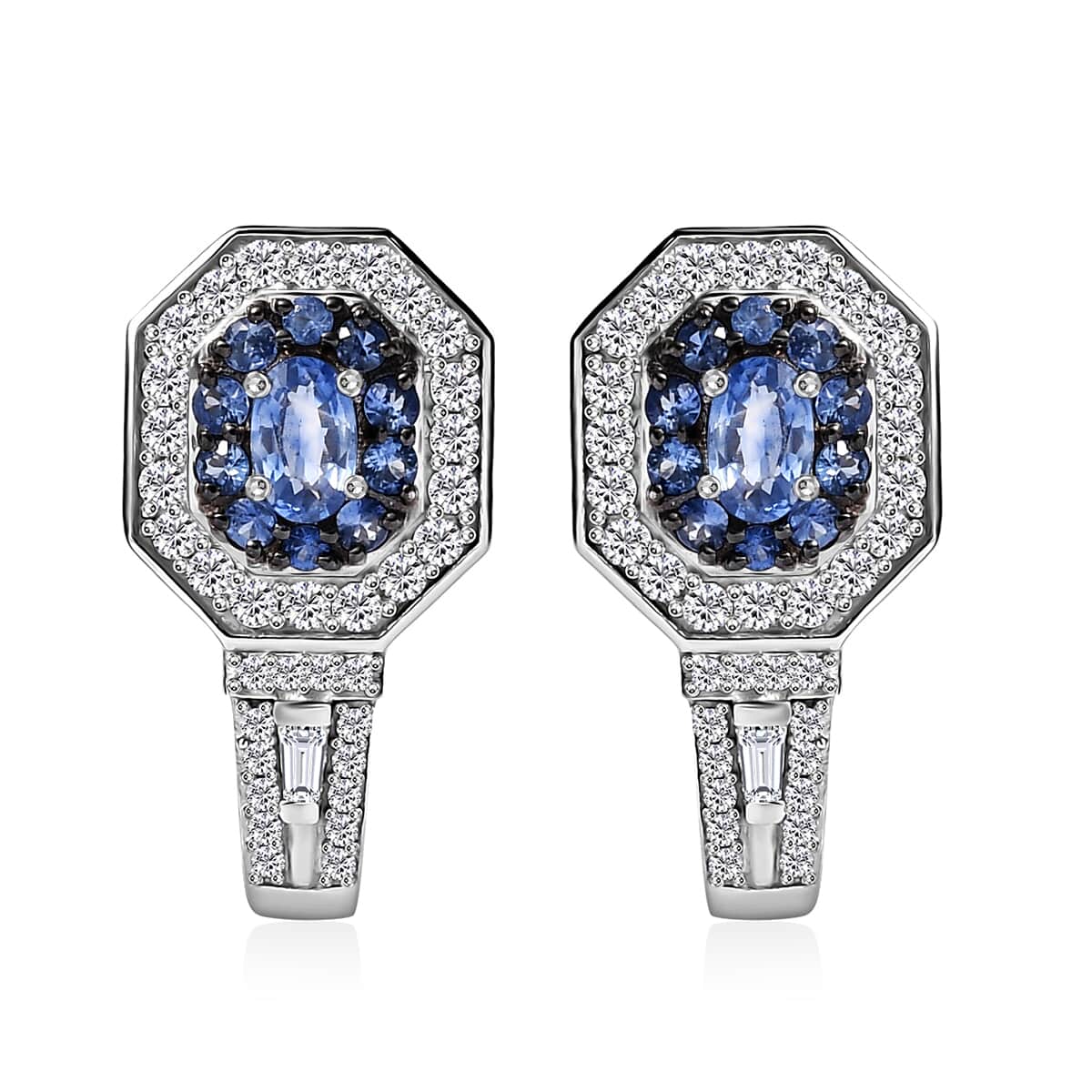 Ceylon Blue Sapphire and Moissanite 2.20 ctw Art Deco J-Hoop Earrings in Rhodium Over Sterling Silver image number 0