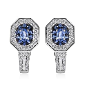 Ceylon Blue Sapphire and Moissanite 2.20 ctw Art Deco J-Hoop Earrings in Rhodium Over Sterling Silver