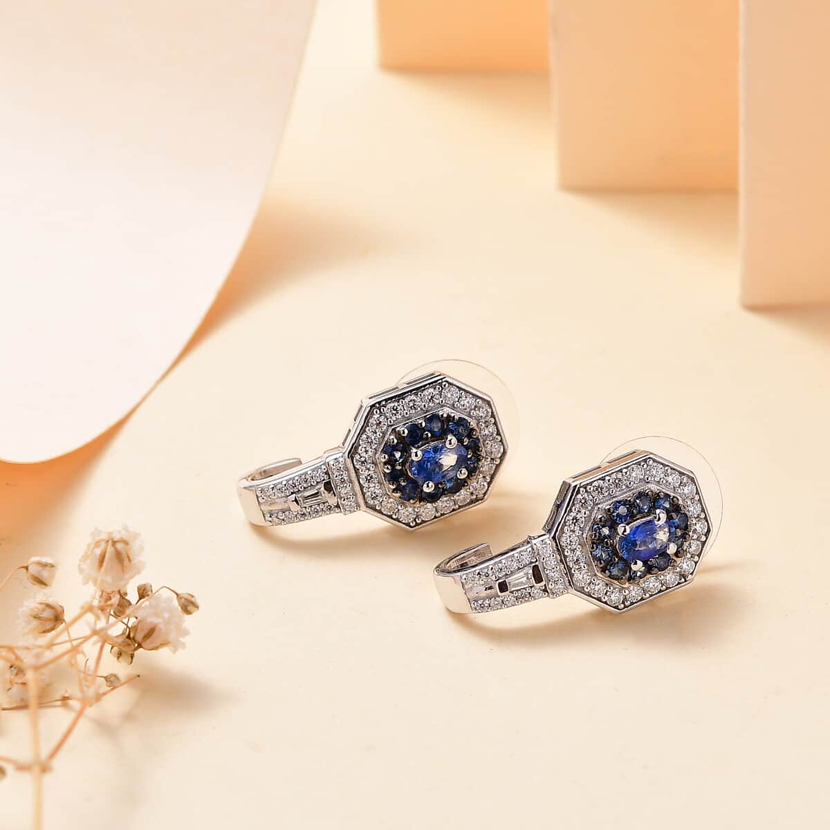 Ceylon Blue Sapphire and Moissanite 2.20 ctw Art Deco J-Hoop Earrings in Rhodium Over Sterling Silver image number 1