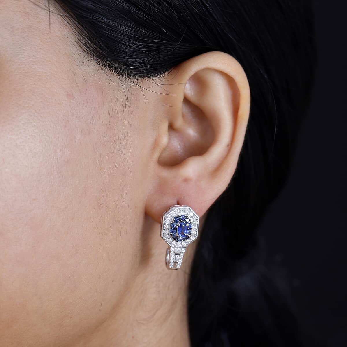 Ceylon Blue Sapphire and Moissanite 2.20 ctw Art Deco J-Hoop Earrings in Rhodium Over Sterling Silver image number 2