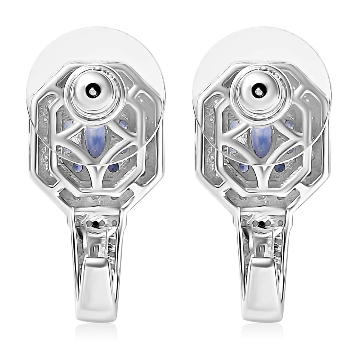 Ceylon Blue Sapphire and Moissanite 2.20 ctw Art Deco J-Hoop Earrings in Rhodium Over Sterling Silver image number 4