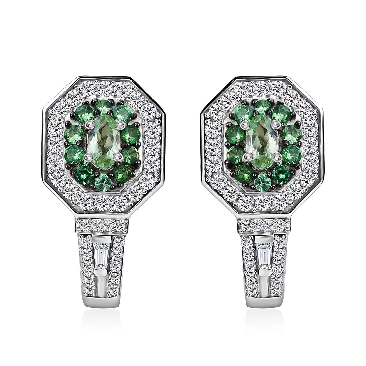 Tsavorite Garnet and Moissanite 2.10 ctw Art Deco J-Hoop Earrings in Rhodium Over Sterling Silver image number 0
