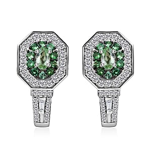 D'Joy Tsavorite Garnet and Moissanite 2.10 ctw Art Deco J-Hoop Earrings in Rhodium Over Sterling Silver