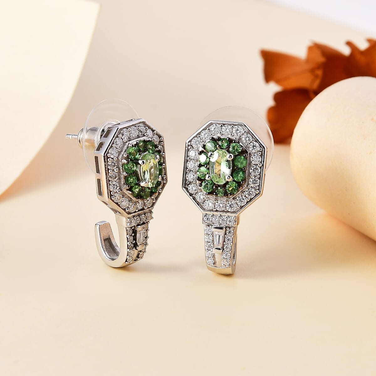 Tsavorite Garnet and Moissanite 2.10 ctw Art Deco J-Hoop Earrings in Rhodium Over Sterling Silver image number 1
