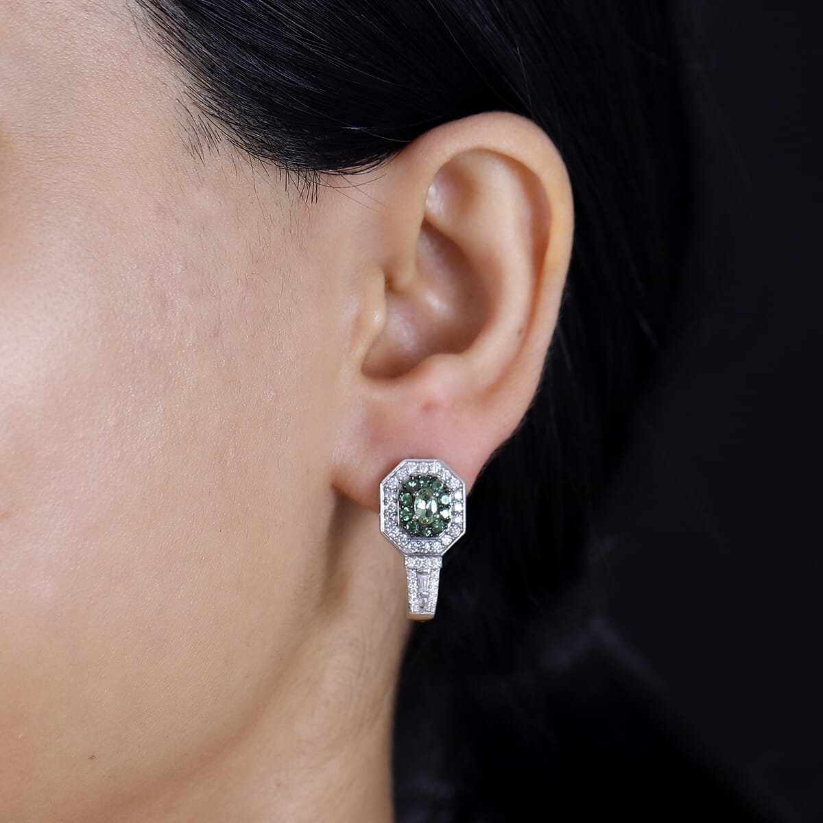 Tsavorite Garnet and Moissanite 2.10 ctw Art Deco J-Hoop Earrings in Rhodium Over Sterling Silver image number 2