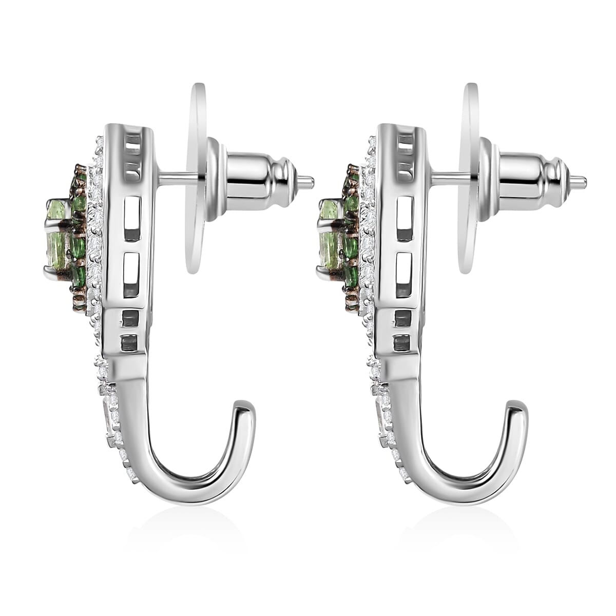 Tsavorite Garnet and Moissanite 2.10 ctw Art Deco J-Hoop Earrings in Rhodium Over Sterling Silver image number 3
