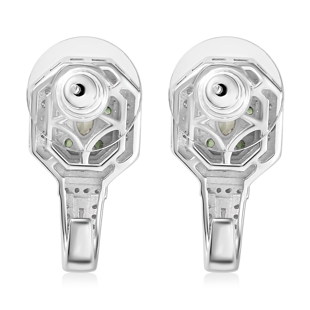 Tsavorite Garnet and Moissanite 2.10 ctw Art Deco J-Hoop Earrings in Rhodium Over Sterling Silver image number 4