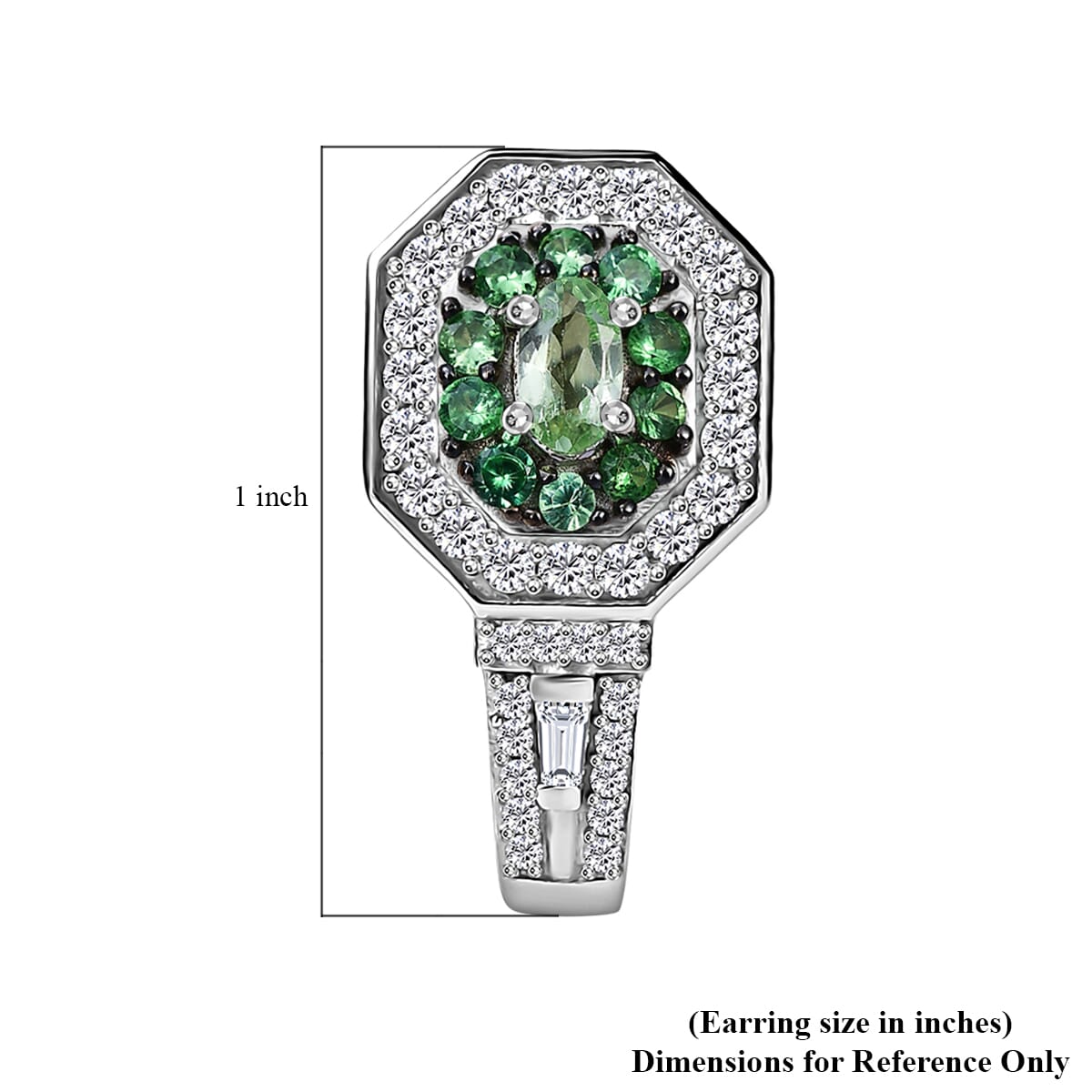 Tsavorite Garnet and Moissanite 2.10 ctw Art Deco J-Hoop Earrings in Rhodium Over Sterling Silver image number 5