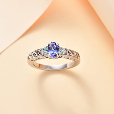 AAA Tanzanite and Betroka Blue Apatite 0.60 ctw Art Deco Ring in Rhodium Over Sterling Silver (Size 10.0)