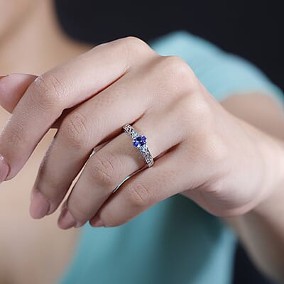 AAA Tanzanite and Betroka Blue Apatite 0.60 ctw Art Deco Ring in Rhodium Over Sterling Silver (Size 10.0)