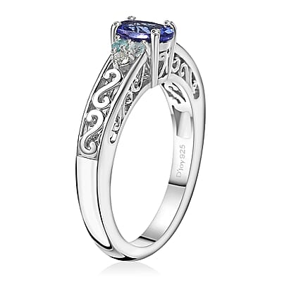 AAA Tanzanite and Betroka Blue Apatite 0.60 ctw Art Deco Ring in Rhodium Over Sterling Silver (Size 10.0)