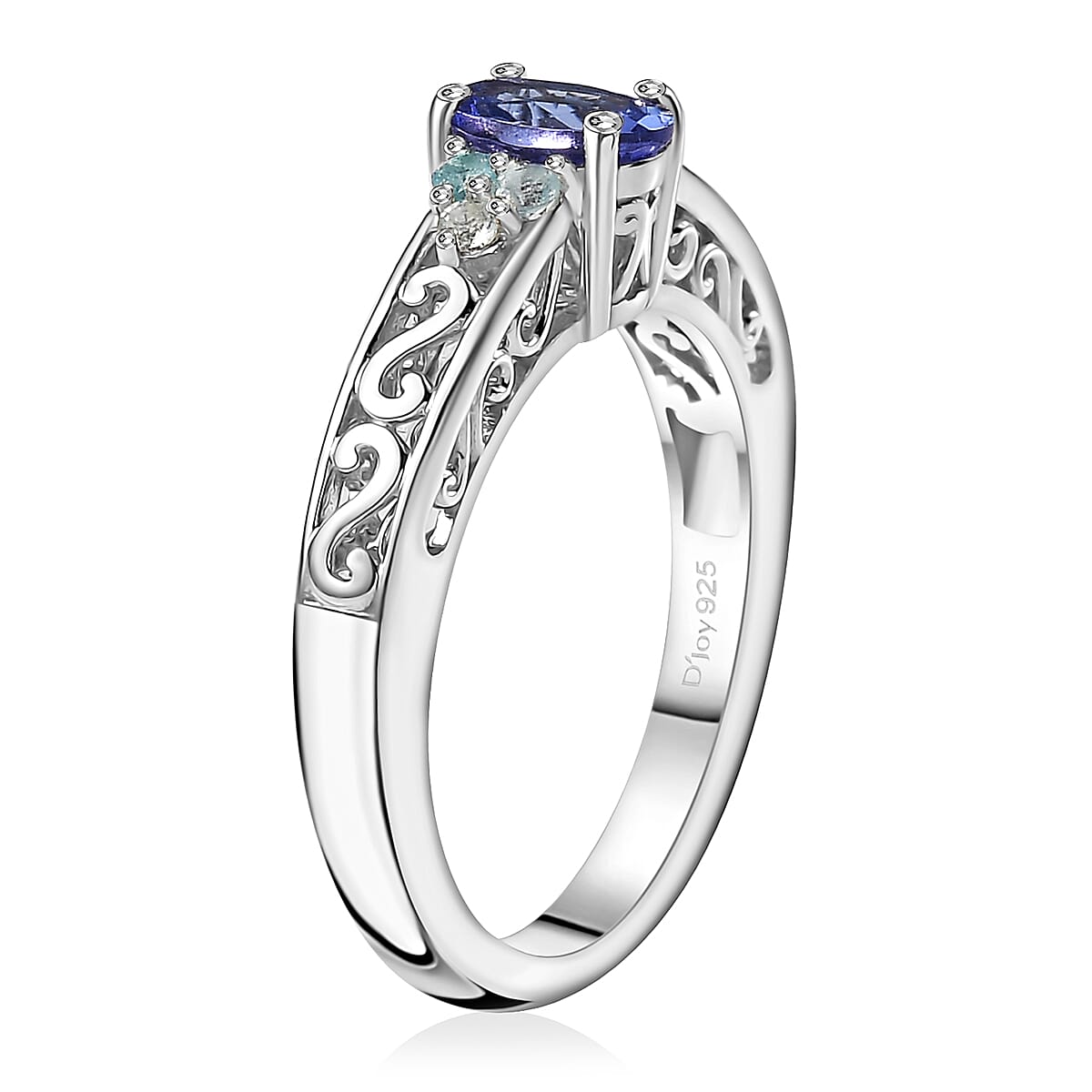 AAA Tanzanite and Betroka Blue Apatite 0.60 ctw Art Deco Ring in Rhodium Over Sterling Silver (Size 7.0) image number 3