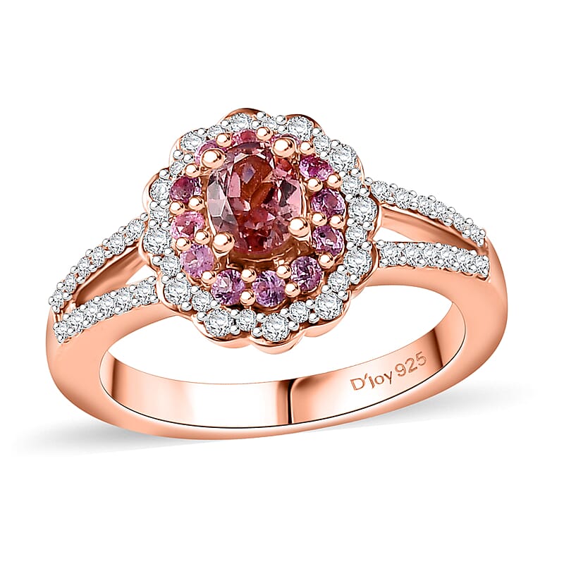 Premium Blush Tourmaline and Multi Gemstone 0.90 ctw Floral Ring in 18K Vermeil Rose Gold Over Sterling Silver (Size 10.0)