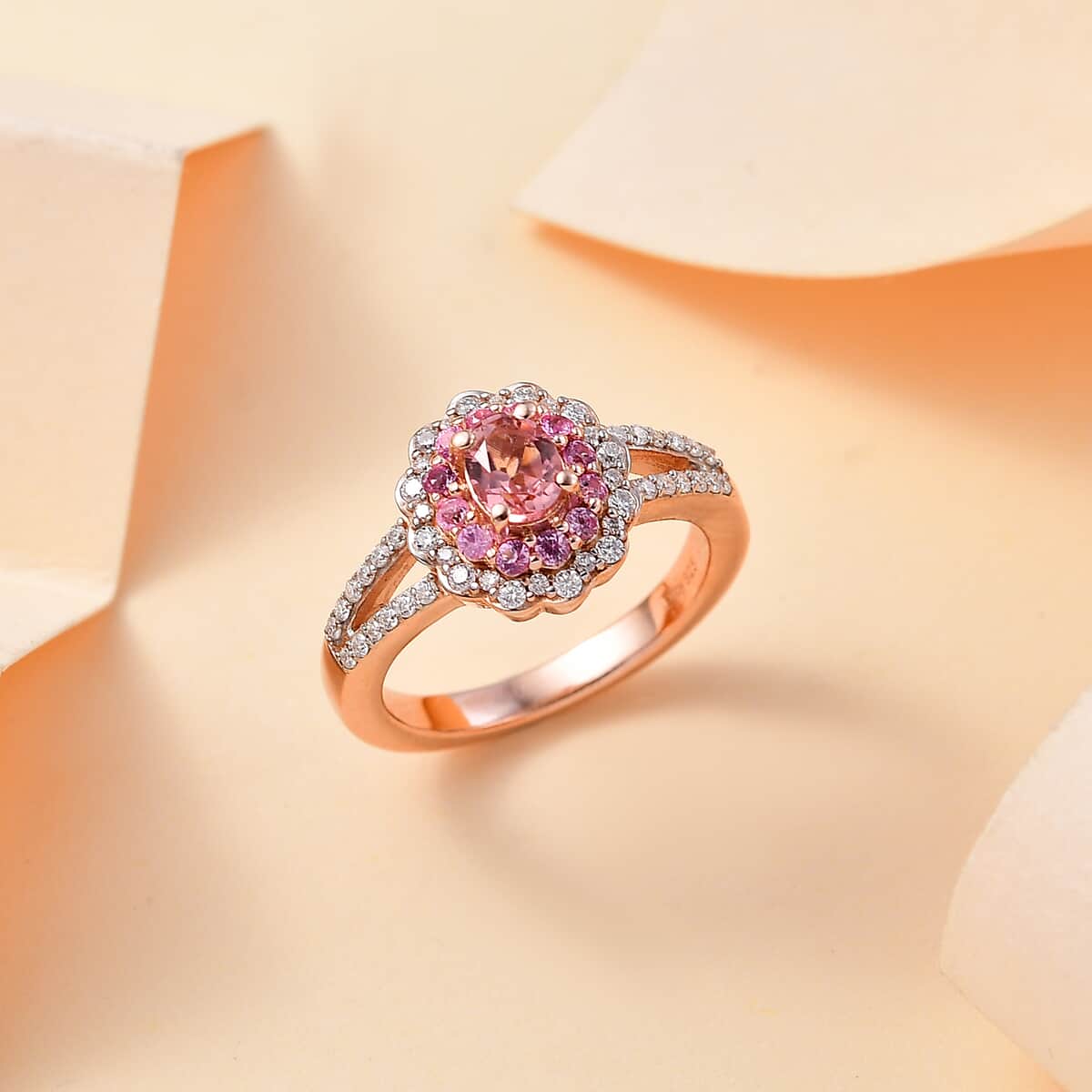 Premium Blush Tourmaline and Multi Gemstone 0.90 ctw Floral Ring in 18K Vermeil Rose Gold Over Sterling Silver image number 1