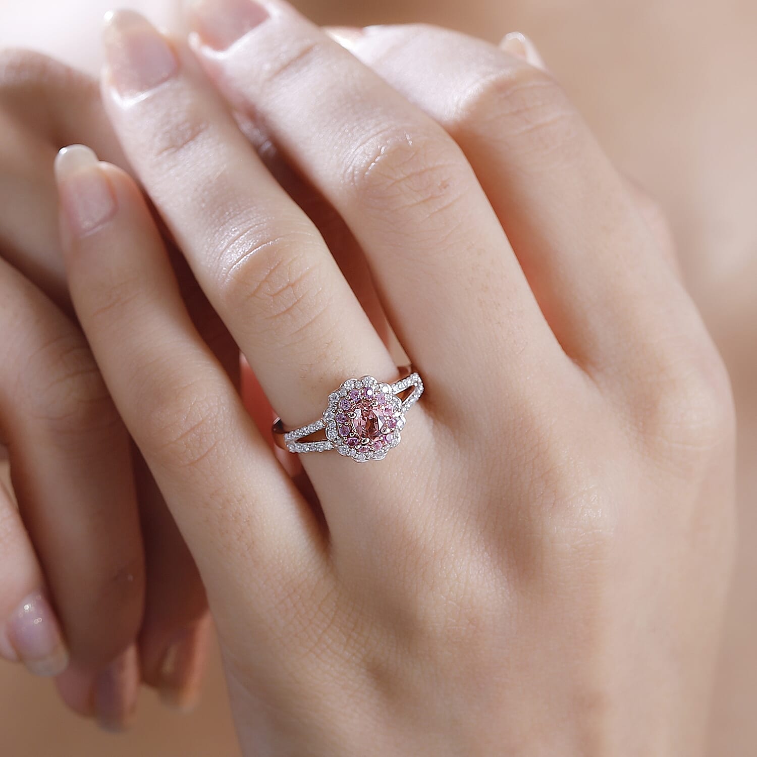 Premium Blush Tourmaline and Multi Gemstone 0.90 ctw Floral Ring in 18K Vermeil Rose Gold Over Sterling Silver (Size 10.0)