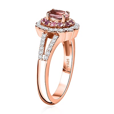 Premium Blush Tourmaline and Multi Gemstone 0.90 ctw Floral Ring in 18K Vermeil Rose Gold Over Sterling Silver (Size 10.0)
