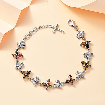 GP Trionfo Collection Multi-Tourmaline and White Zircon 4.35 ctw Bracelet in Rhodium Over Sterling Silver (6.50-8.50In)