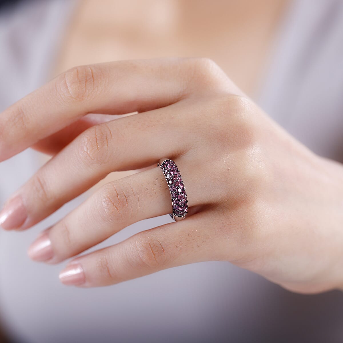 D'Joy Ouro Fino Rubellite 1.10 ctw Band Ring in Rhodium Over Sterling Silver (Size 8.0) image number 2