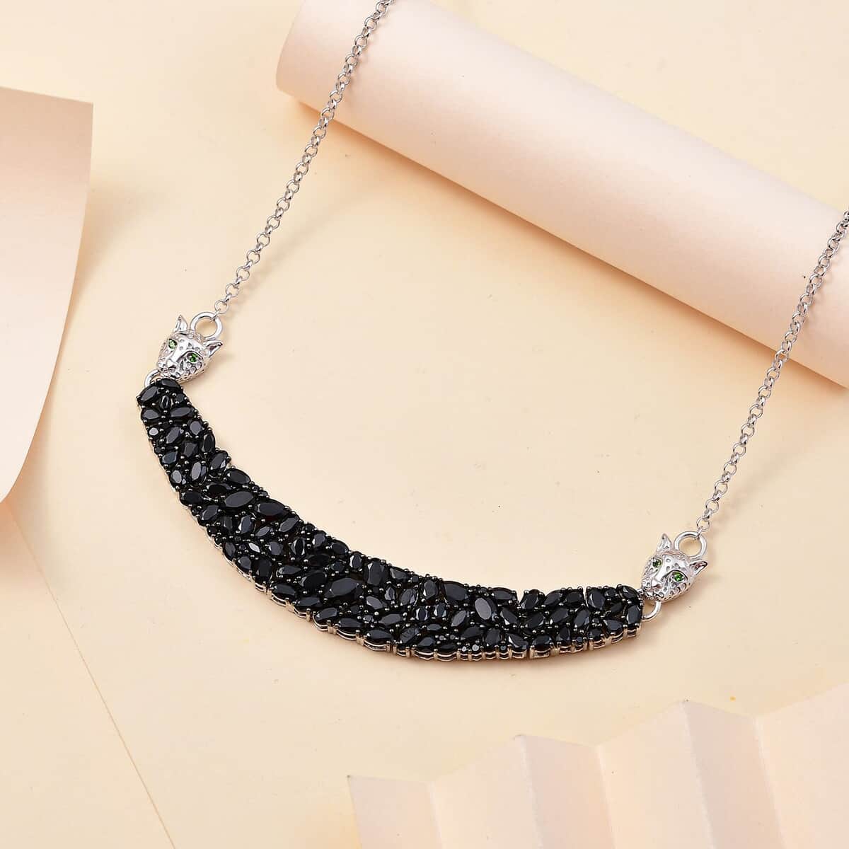 Thai Black Spinel and Chrome Diopside 20.35 ctw Panther Necklace 18 Inches in Rhodium Over Sterling Silver  image number 1