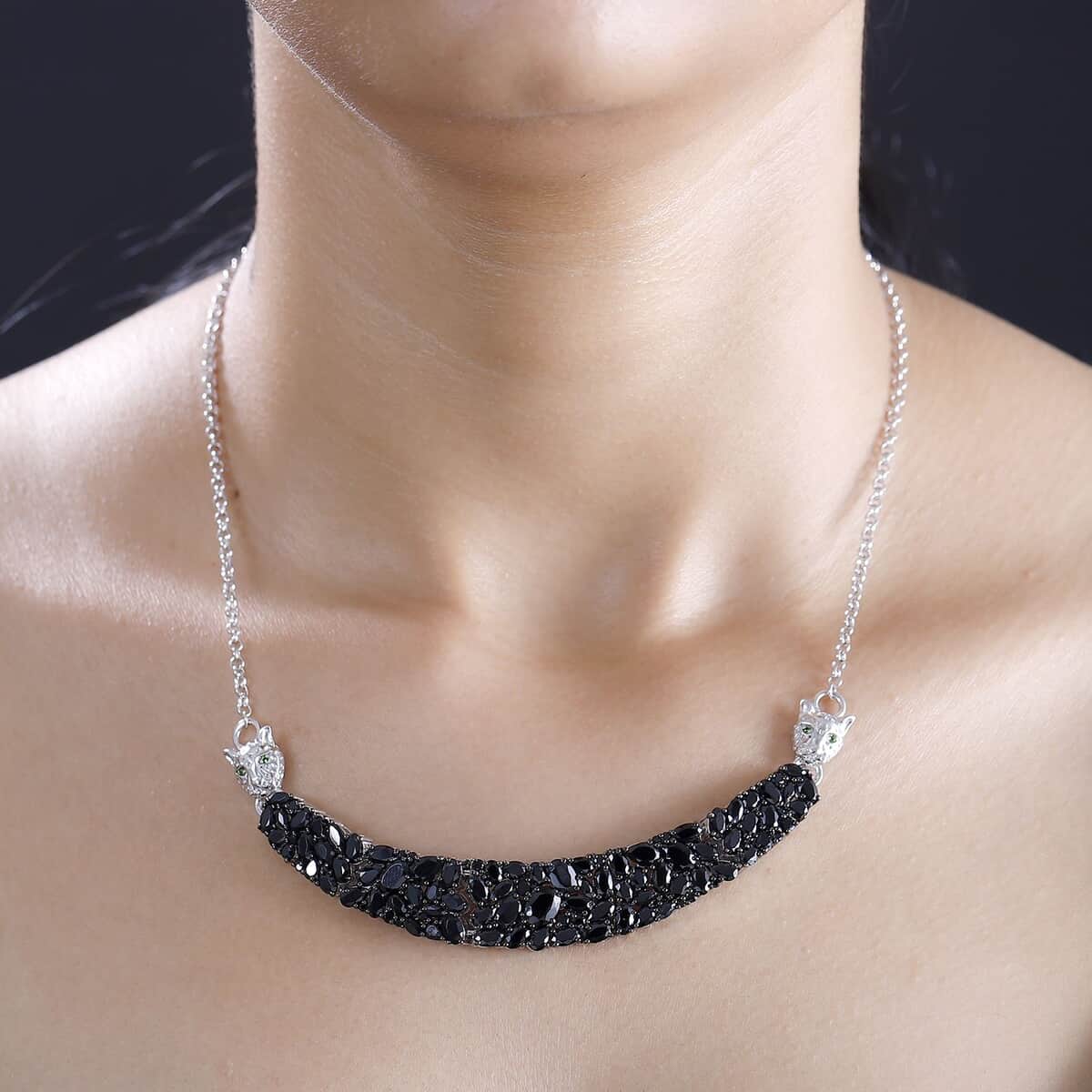 Thai Black Spinel and Chrome Diopside 20.35 ctw Panther Necklace 18 Inches in Rhodium Over Sterling Silver  image number 2