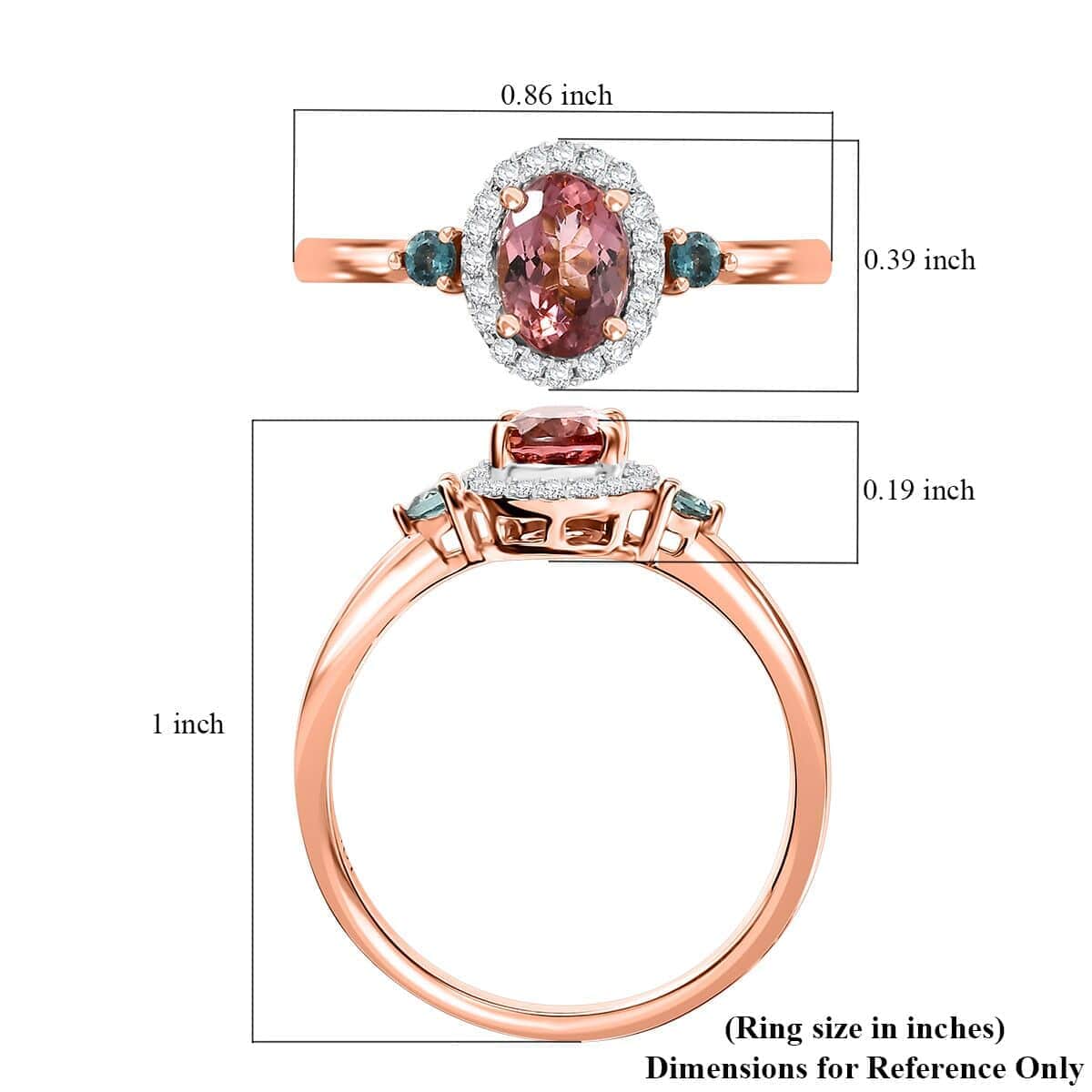 Premium Blush Tourmaline and Lagoon Tourmaline, G-H I2 Diamond 1.00 ctw Heart Ring in 10K Rose Gold (Size 10.0) image number 5