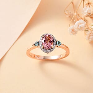 Premium Blush Tourmaline and Lagoon Tourmaline, G-H I2 Diamond 1.00 ctw Ring in 10K Rose Gold (Size 7.0)