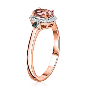 Premium Blush Tourmaline and Lagoon Tourmaline, G-H I2 Diamond 1.00 ctw Ring in 10K Rose Gold (Size 7.0)
