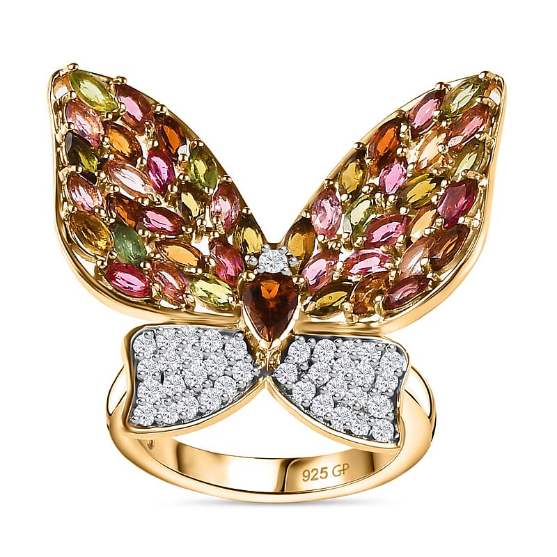 GP Trionfo Collection Multi-Tourmaline and White Zircon 4.70 ctw Butterfly Ring in 18K Vermeil Yellow Gold Over Sterling Silver (Size 10.0)