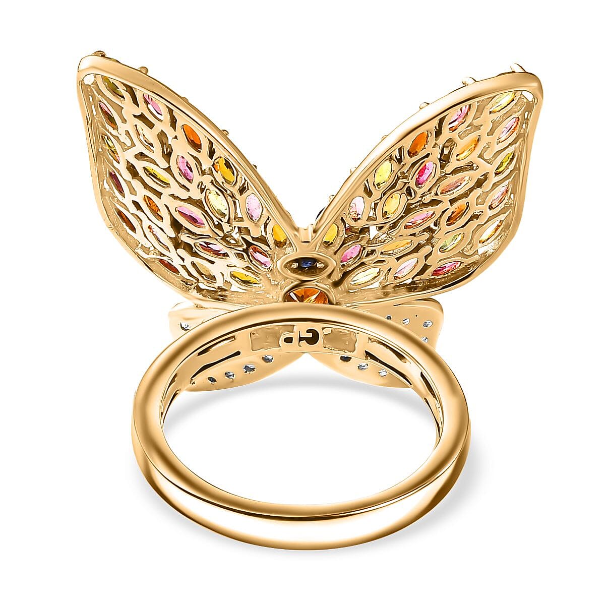 GP Trionfo Collection Multi-Tourmaline and White Zircon 4.70 ctw Butterfly Ring in 18K Vermeil Yellow Gold Over Sterling Silver (Size 10.0)