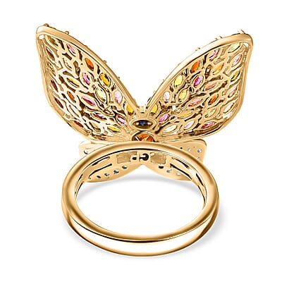 GP Trionfo Collection Multi-Tourmaline and White Zircon 4.70 ctw Butterfly Ring in 18K Vermeil Yellow Gold Over Sterling Silver (Size 10.0)