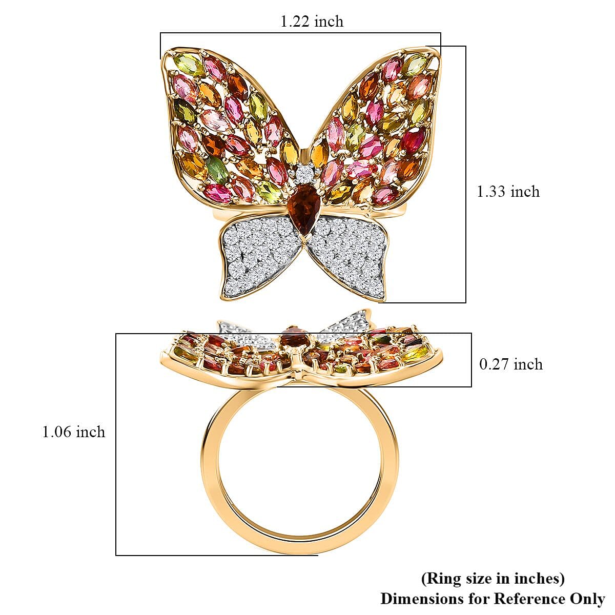 GP Trionfo Collection Multi-Tourmaline and White Zircon 4.70 ctw Butterfly Ring in 18K Vermeil Yellow Gold Over Sterling Silver (Size 10.0)