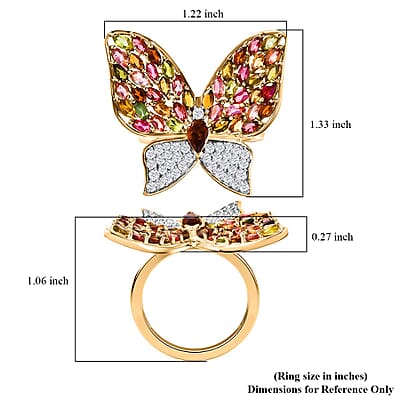 GP Trionfo Collection Multi-Tourmaline and White Zircon 4.70 ctw Butterfly Ring in 18K Vermeil Yellow Gold Over Sterling Silver (Size 10.0)