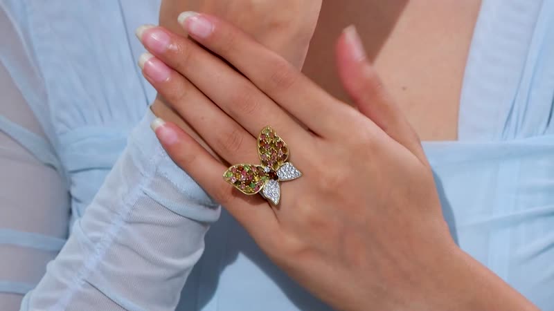 GP Multi-Tourmaline, White Zircon Butterfly Ring in 18K Vermeil YG Over Sterling Silver (Size 6.0) 4.70 ctw