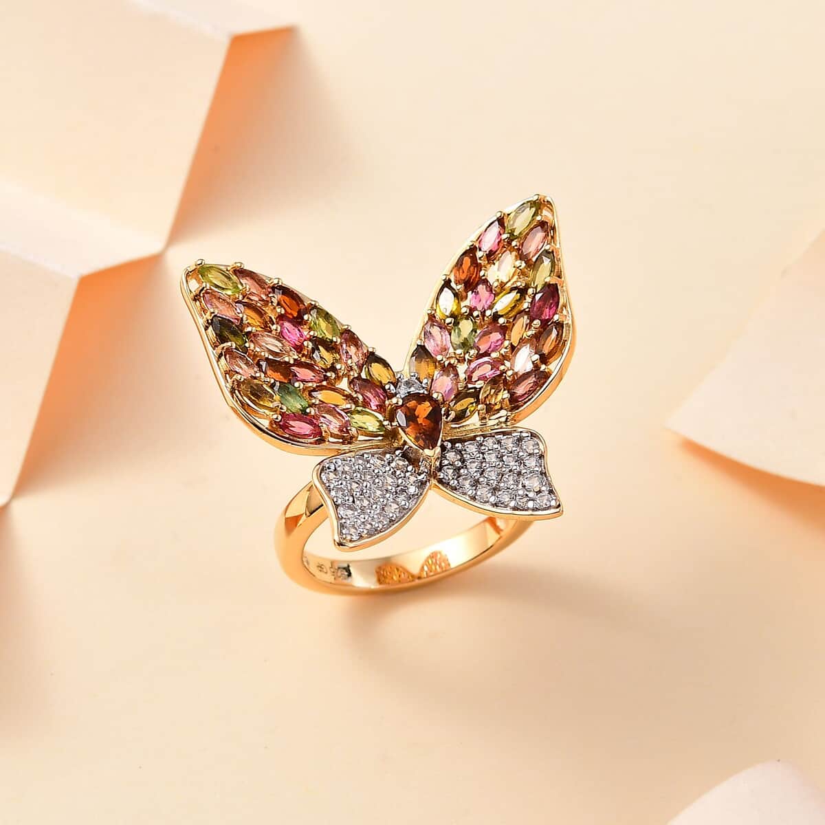 GP Trionfo Collection Multi-Tourmaline and White Zircon 4.70 ctw Butterfly Ring in 18K Vermeil Yellow Gold Over Sterling Silver (Size 6.0) image number 1