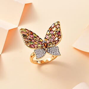 GP Trionfo Collection Multi-Tourmaline and White Zircon 4.70 ctw Butterfly Ring in 18K Vermeil Yellow Gold Over Sterling Silver (Size 6.0)